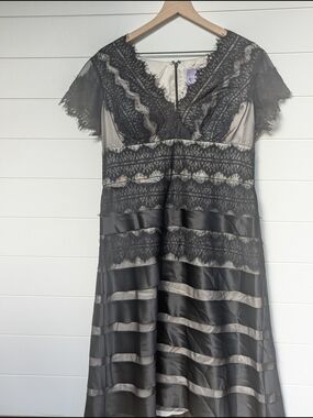 JS Collections Black Lace Midi Dress with Satin Stripes /Flapper Style